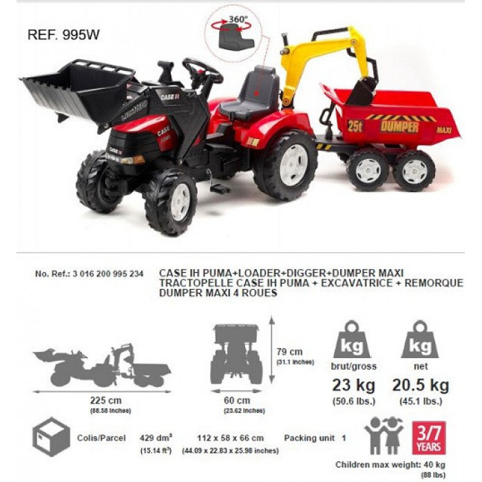 FALK Traktor CASE IH PUMA z Przyczepą, Łyżką i Spychaczem (995W)
